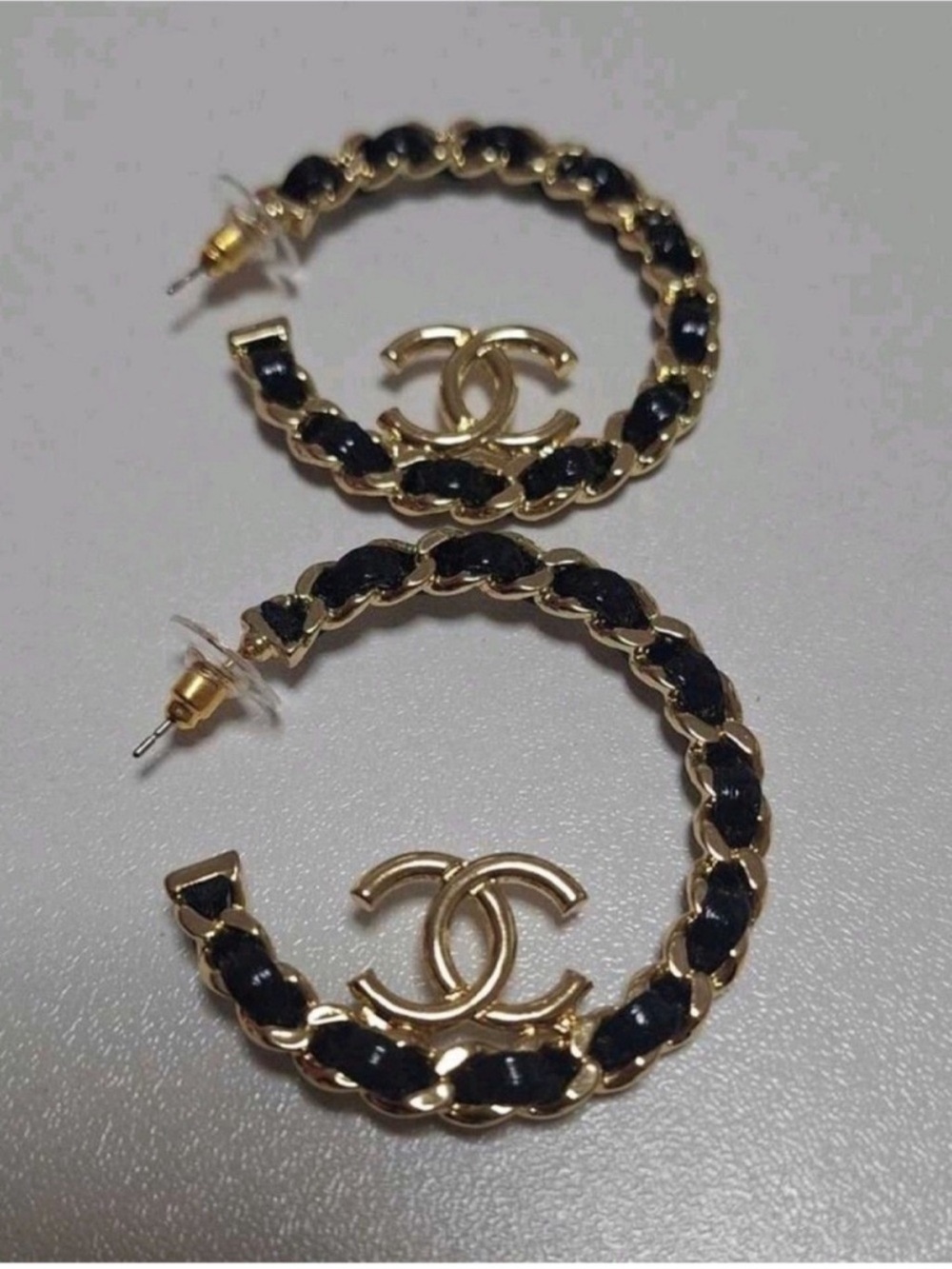 CHANEL Gold & Black Chain Hoop Earrings